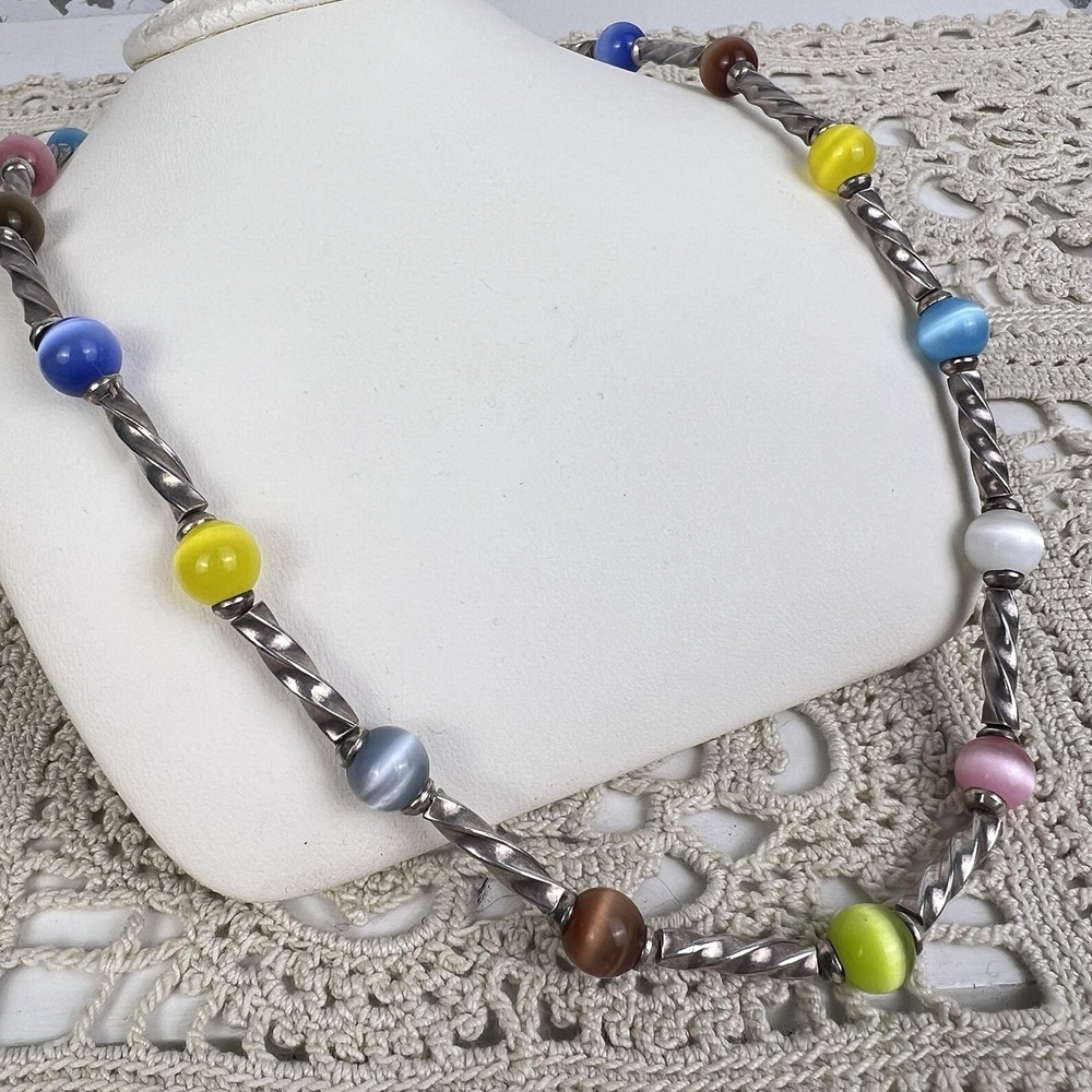 Vtg 90's Rainbow Cats Eye Sterling Silver Necklace 18" Twisted Barrel Toggle